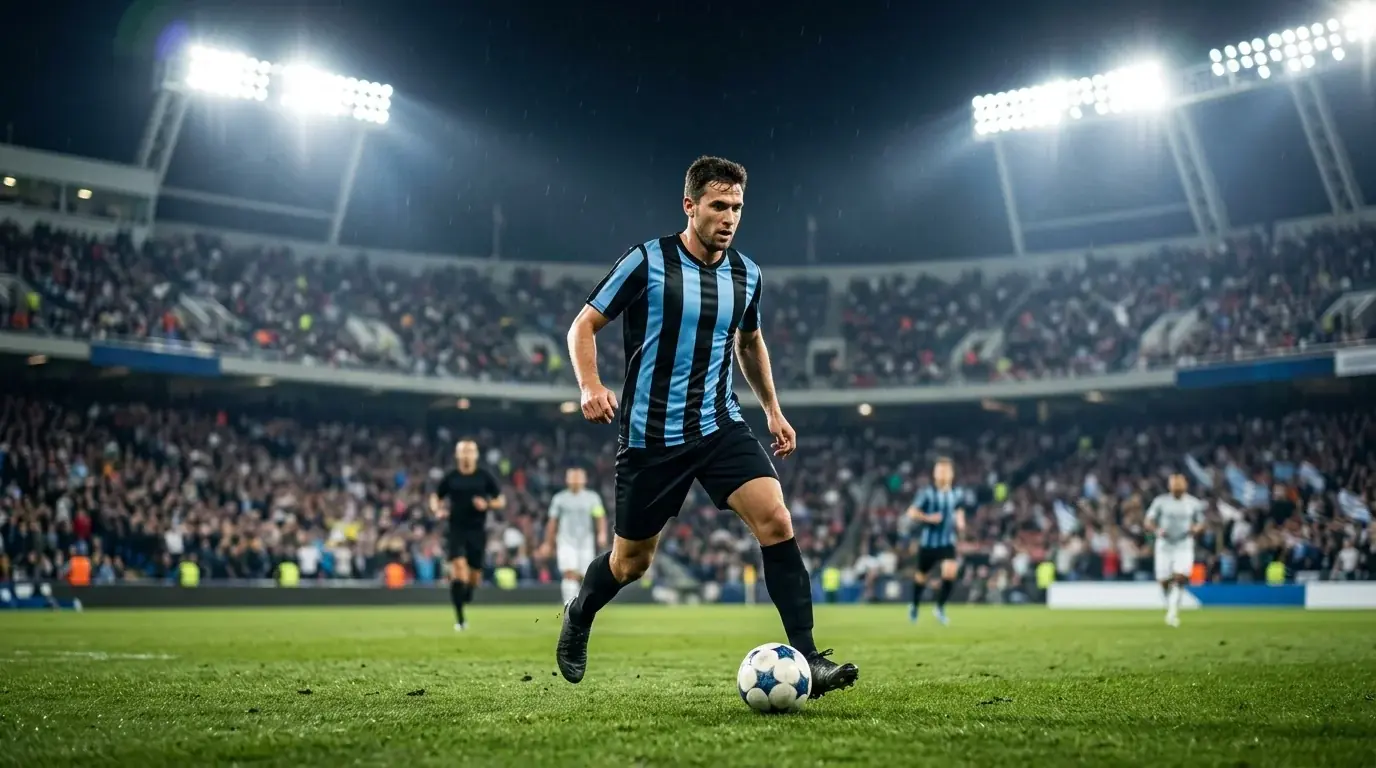 Meneur de jeu en maillot rayé conduisant le ballon sous les lumières nocturnes d'un grand stade américain comble, ambiance électrique de quart de finale en soirée