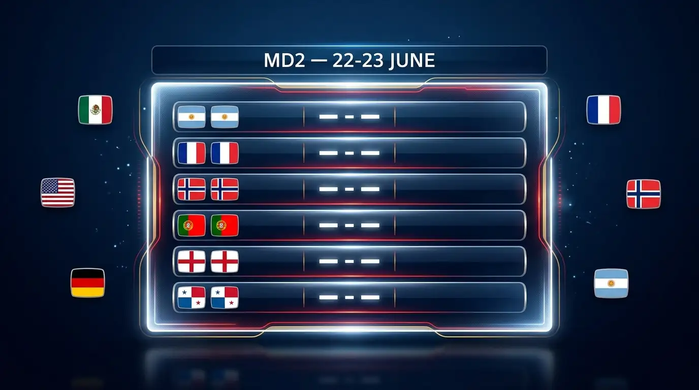 Tableau récapitulatif lumineux de la deuxième journée du Mondial 2026 avec les scores clés et les drapeaux des qualifiés