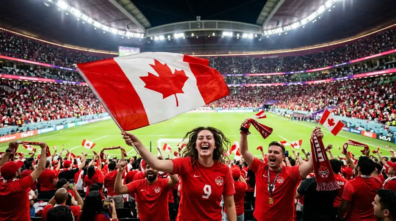 Supporters canadiens en maillot rouge agitant le drapeau à la feuille d'érable dans les tribunes d'un grand stade couvert, ambiance de fête avant le huitième de finale