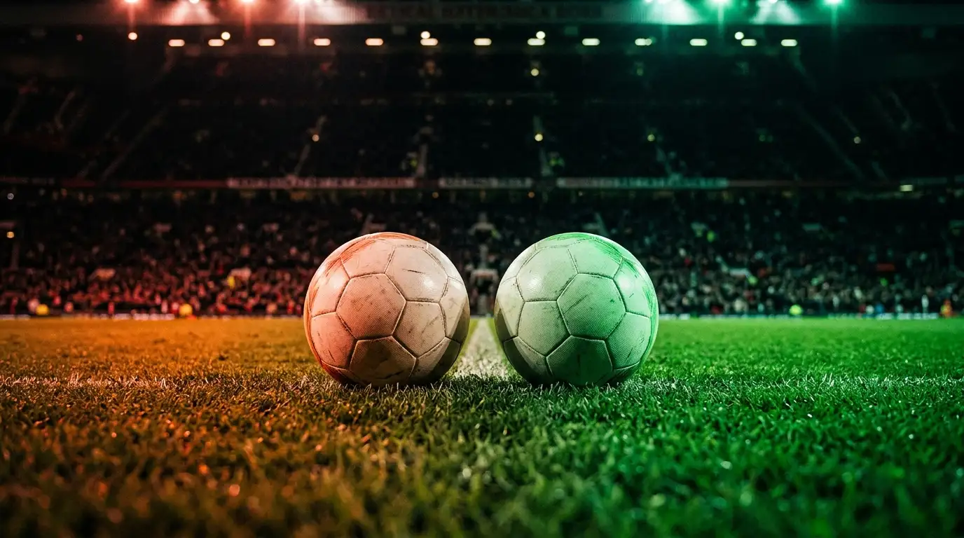 Deux ballons de football, l'un devant une ambiance rouge, l'autre devant une ambiance verte, symbolisant l'affrontement Canada-Maroc, éclairage de stade