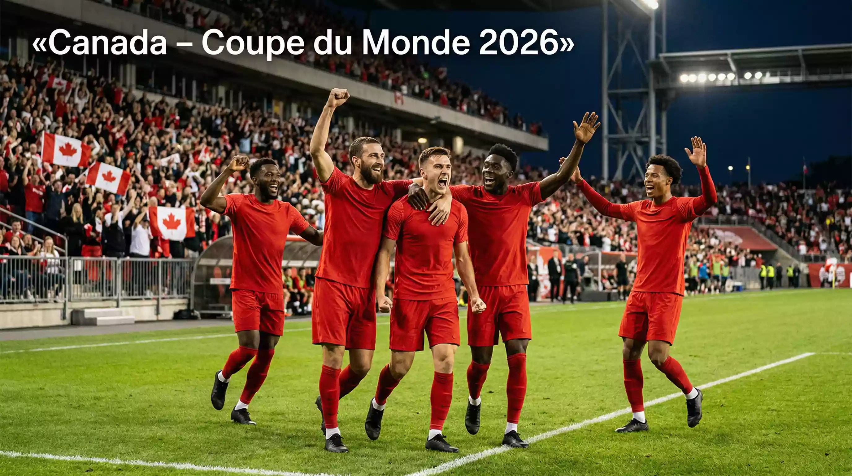 Joueurs de l'équipe canadienne de soccer célébrant un but lors d'un match de qualification