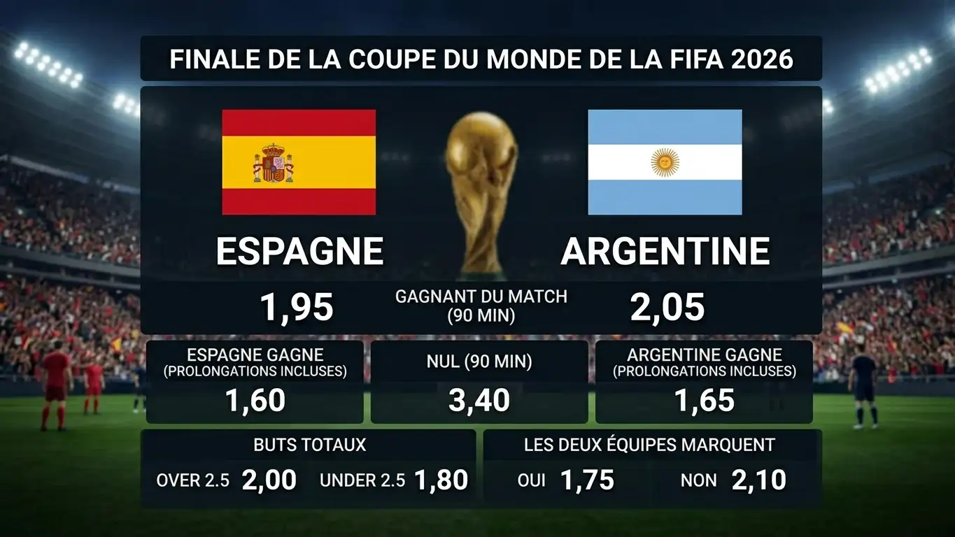 Tableau de cotes numérique pour le Mondial 2026 avec les logos Espagne et Argentine en finale, écran de bookmaker stylisé, stade en arrière-plan flou