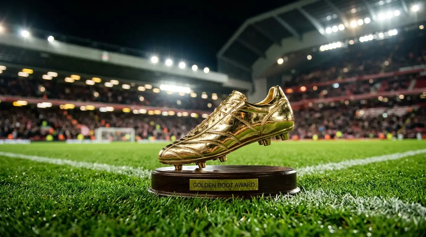 Un Soulier d'or de trophée de football posé sur une pelouse verte sous les projecteurs d'un stade, gros plan, reflets dorés, arrière-plan flou de tribunes