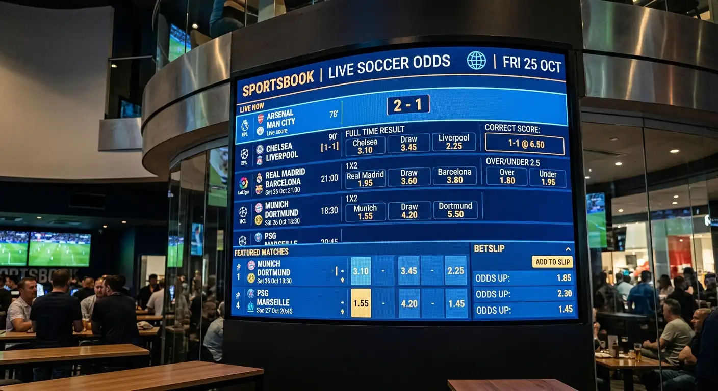 Tableau de cotes lumineux sur fond bleu nuit avec les cotes des cinq favoris du Mondial 2026 mises en évidence, flèches indiquant les mouvements