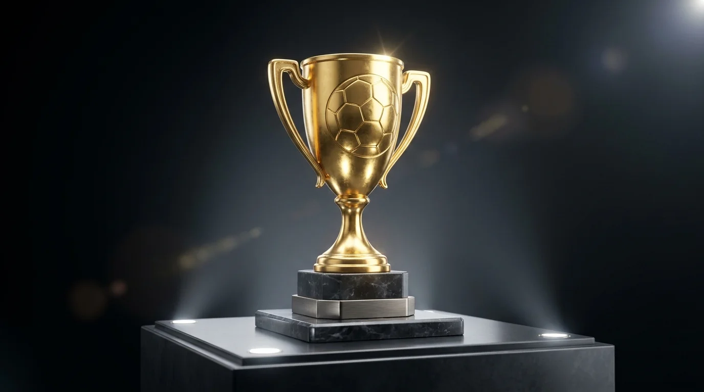 Trophée doré de football posé sur un présentoir sous des projecteurs, arrière-plan sombre et élégant, ambiance de fin de tournoi, reflets lumineux