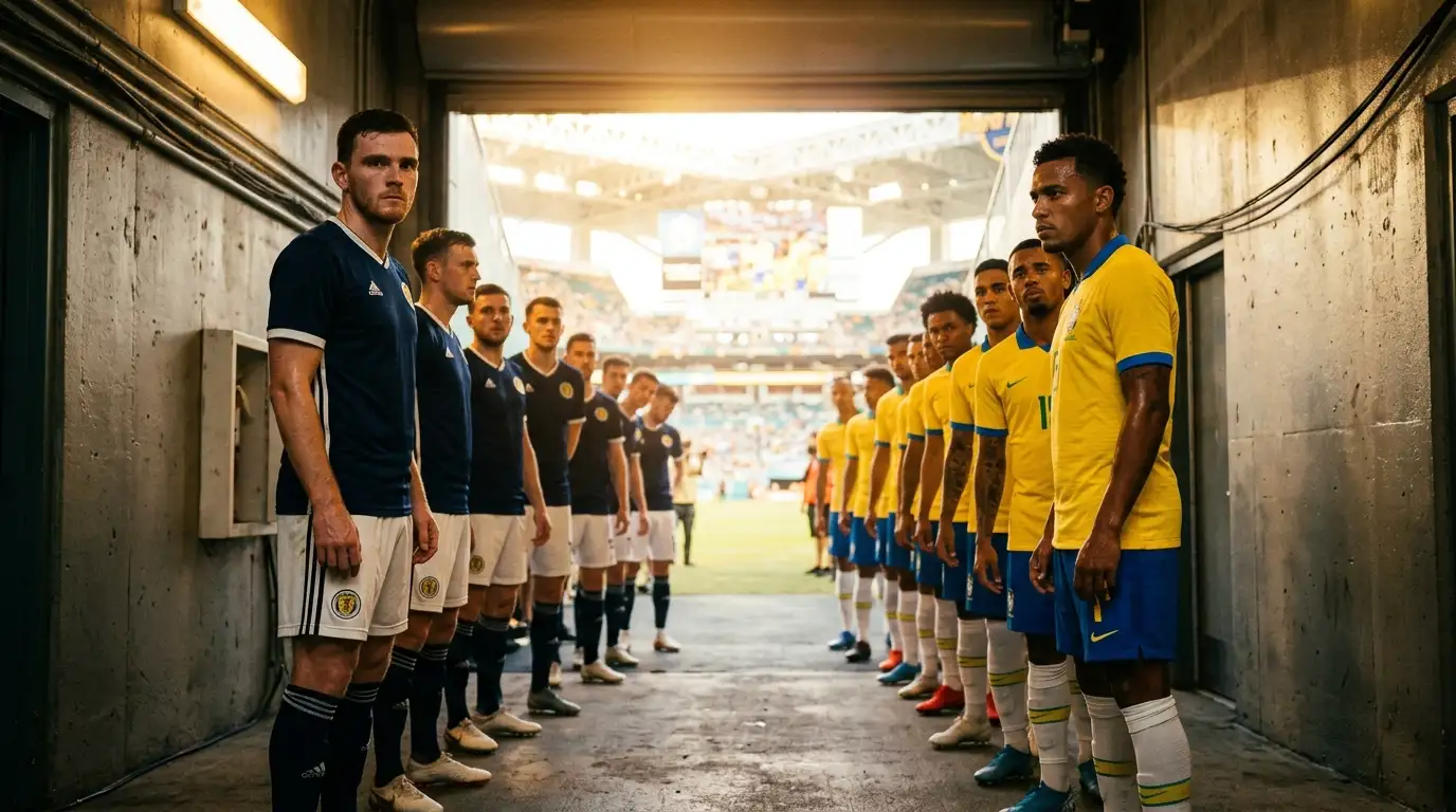 Joueurs écossais et brésiliens face à face dans le tunnel d'un stade chaud et baigné de soleil avant le coup d'envoi, drapeaux flous en arrière-plan