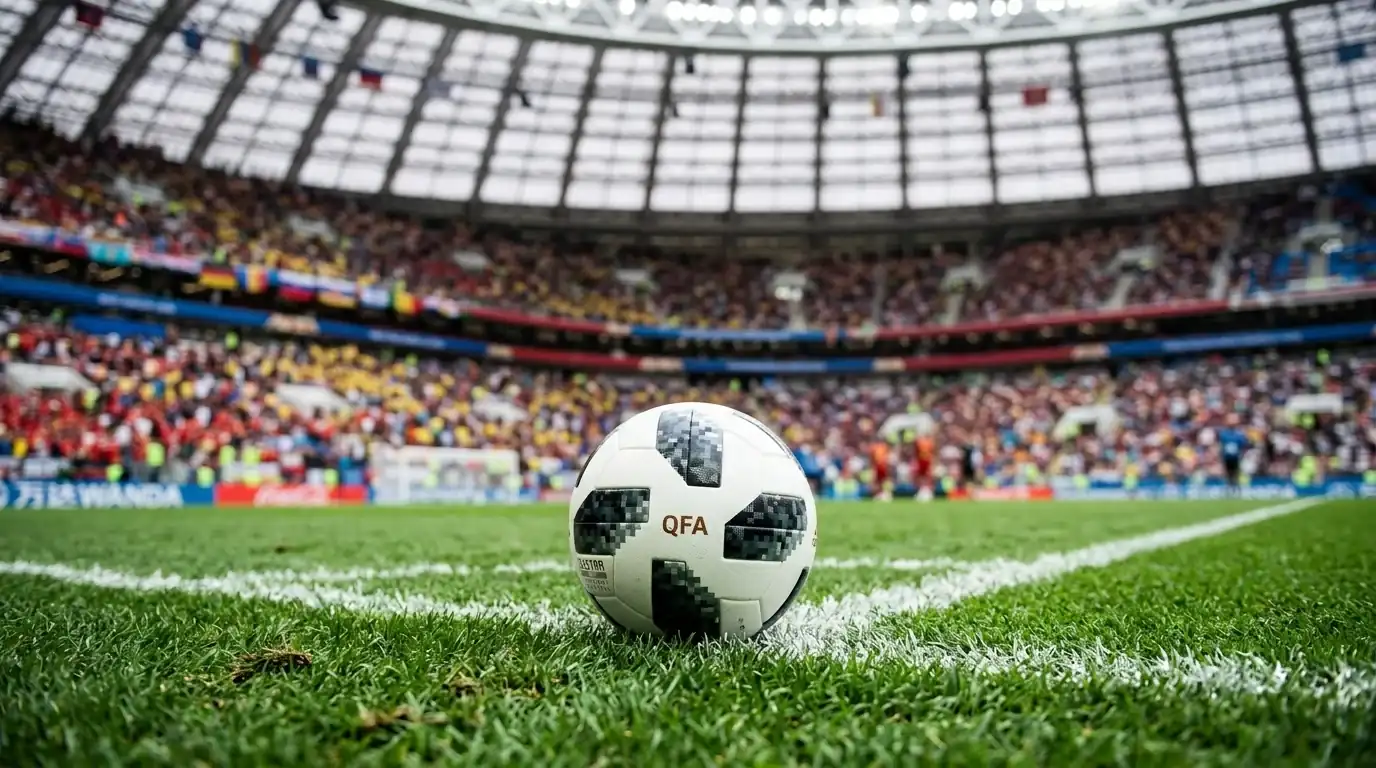 Ballon de football posé sur la pelouse d'un stade couvert avant le coup d'envoi, tribunes colorées en arrière-plan flou, lumière de jour tamisée par le toit