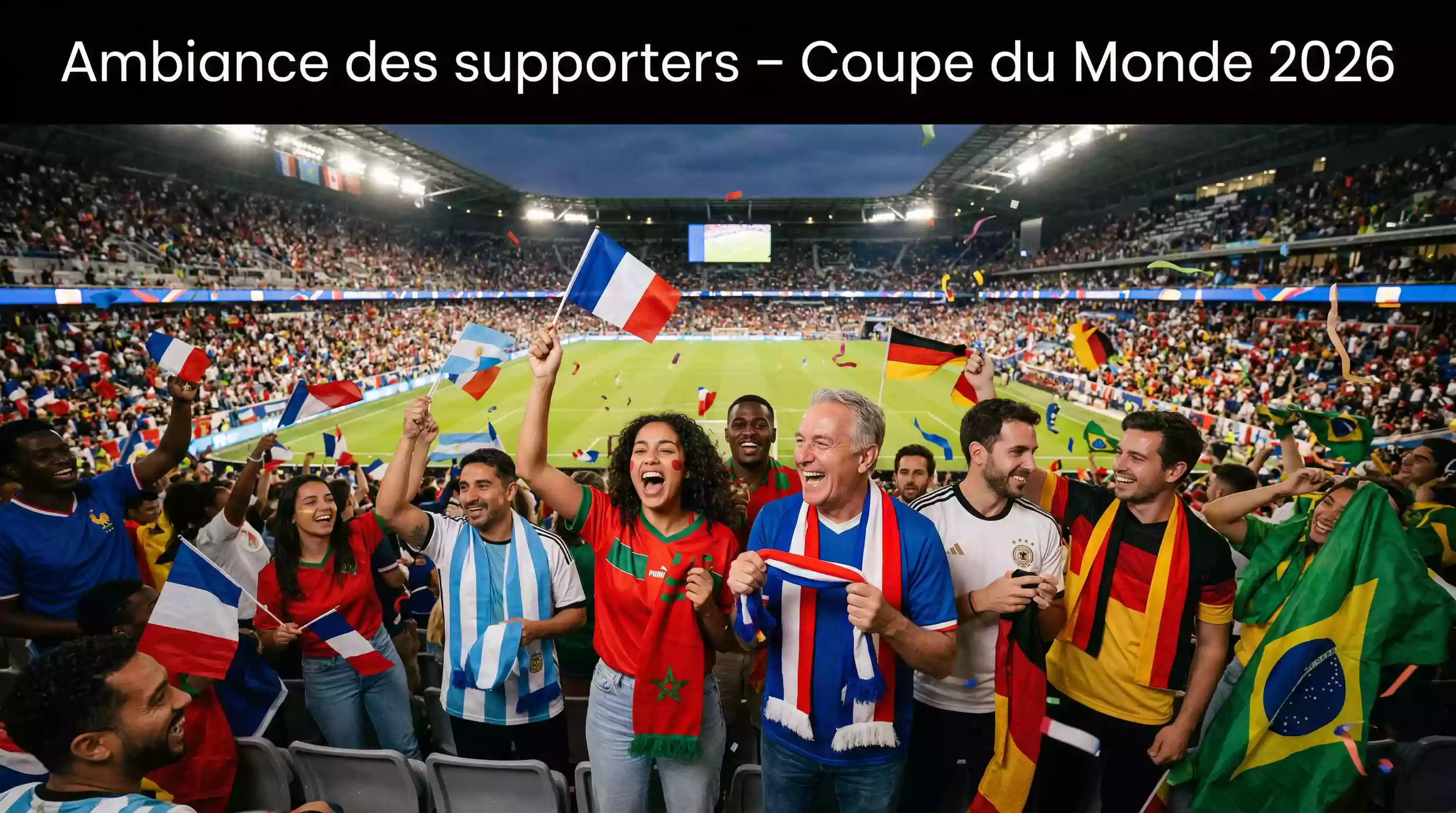 Partisans de soccer dans un stade avec drapeaux et bannières lors d'un match international