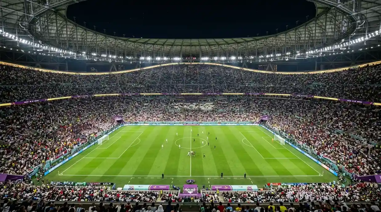 Vue en plongée d'un stade de football moderne illuminé la nuit, pelouse verte impeccable, tribunes pleines, ambiance de phase à élimination directe de Coupe du Monde