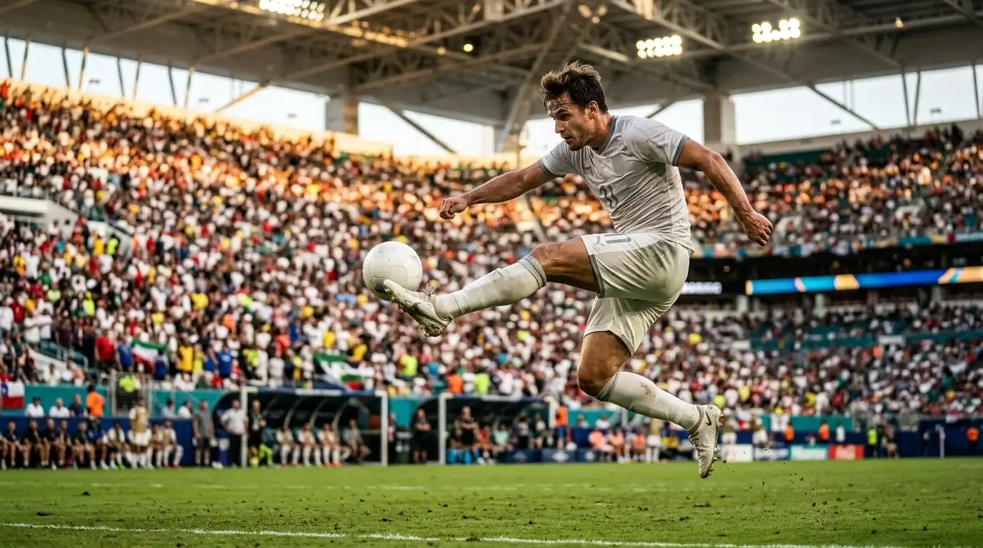 Attaquant en maillot clair frappant le ballon devant un stade bondé sous une chaleur estivale, gouttes de sueur et lumière intense de fin d'après-midi, ambiance de quart de finale en Floride