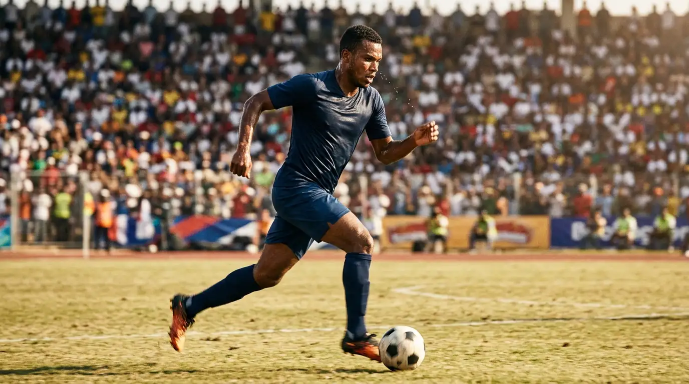 Attaquant en maillot bleu foncé lancé à pleine vitesse balle au pied sous un soleil de plomb dans un stade en plein air, gouttes de sueur, lumière écrasante de fin d'après-midi