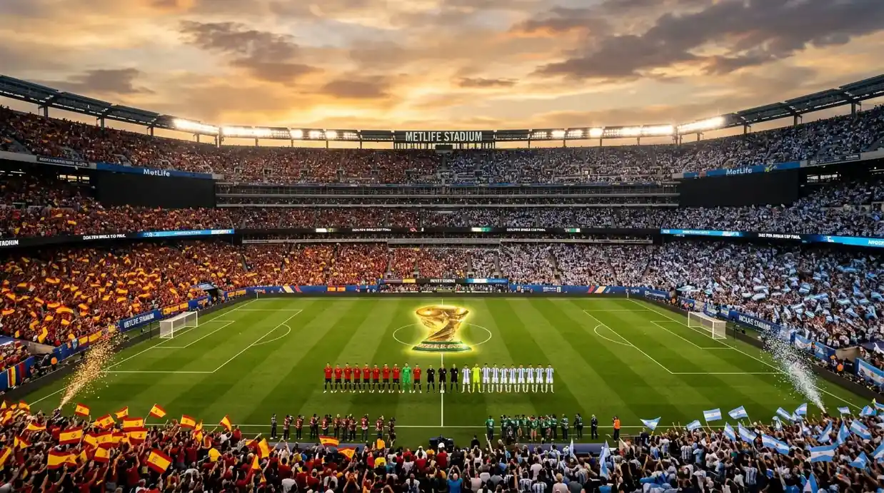Espagne et Argentine s'affrontent en finale de la Coupe du Monde 2026 à MetLife Stadium sous les projecteurs, drapeaux rouge-jaune et bleu-blanc-bleu dans les gradins