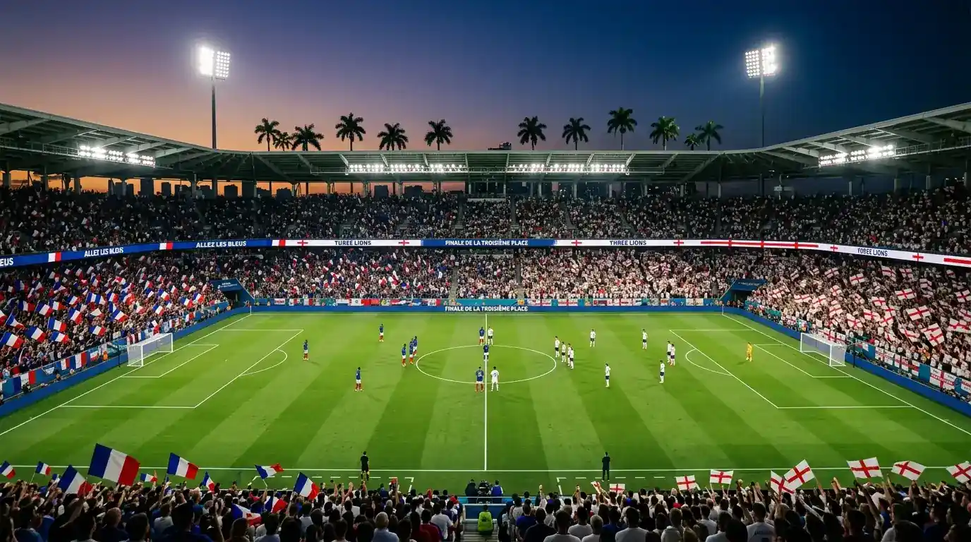France contre Angleterre dans le match pour la troisième place de la Coupe du Monde 2026 au Hard Rock Stadium de Miami sous les lumières du soir, maillots bleus et blancs