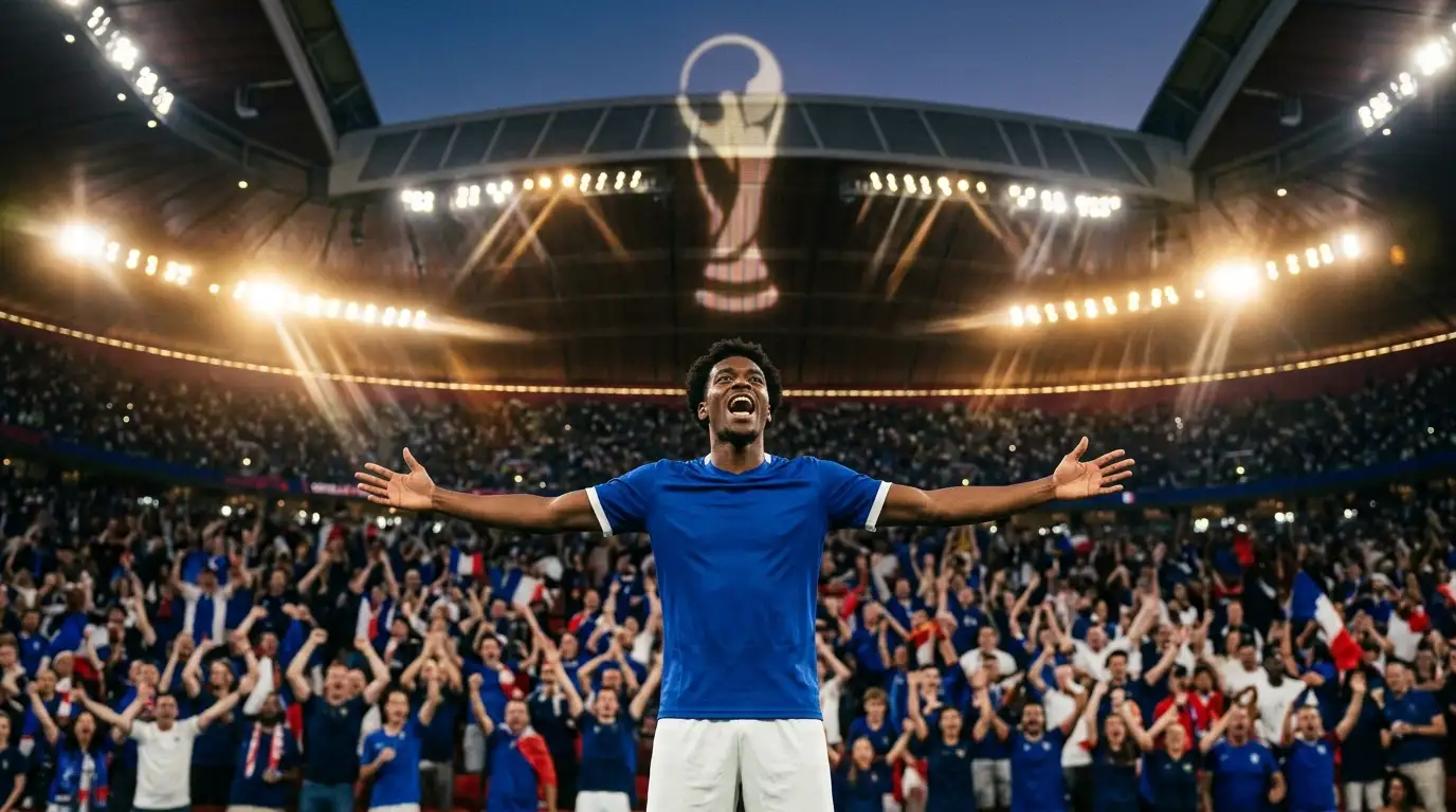 Kylian Mbappé en maillot bleu de la France célèbre un but lors de la Coupe du Monde 2026, stade illuminé en arrière-plan, ambiance électrique