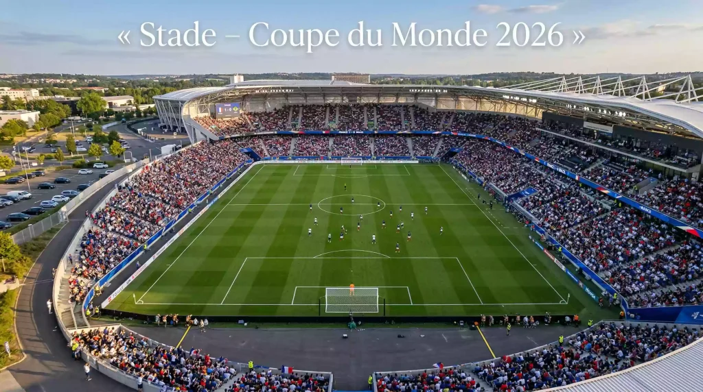 Vue aérienne d'un grand stade de soccer lors d'un match international avec pelouse verte
