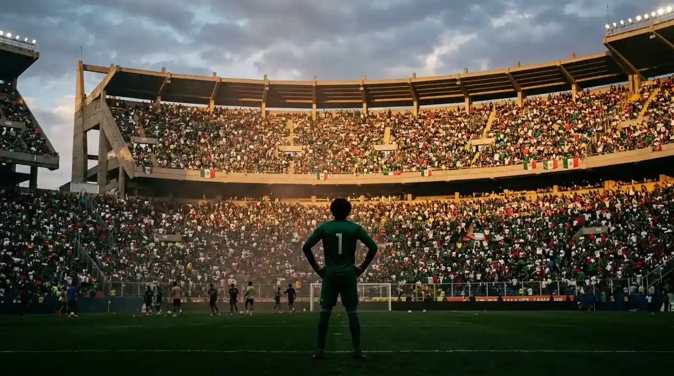 Portrait majestueux de l'Estadio Azteca rempli de supporters mexicains en vert et blanc, lumière dorée de soirée, gardien isolé dans le tunnel
